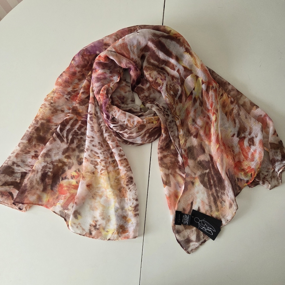 NWT Cejon Animal Print Floral Abstract Sheer Gauze Scarf  Pink Brown 37×76 In‎